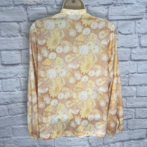 Vintage Nikki 1/4 Button Long Sleeve Blouse Yellow Neutral Floral 70s Disco M - Picture 5 of 7